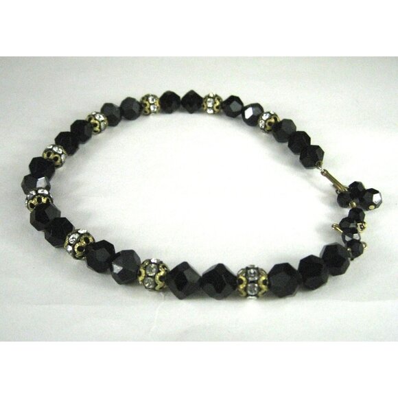Necklace Plastic Faceted Beads Rhinestones 12 In Choker Goldtone Collar Vintage - Picture 9 of 9